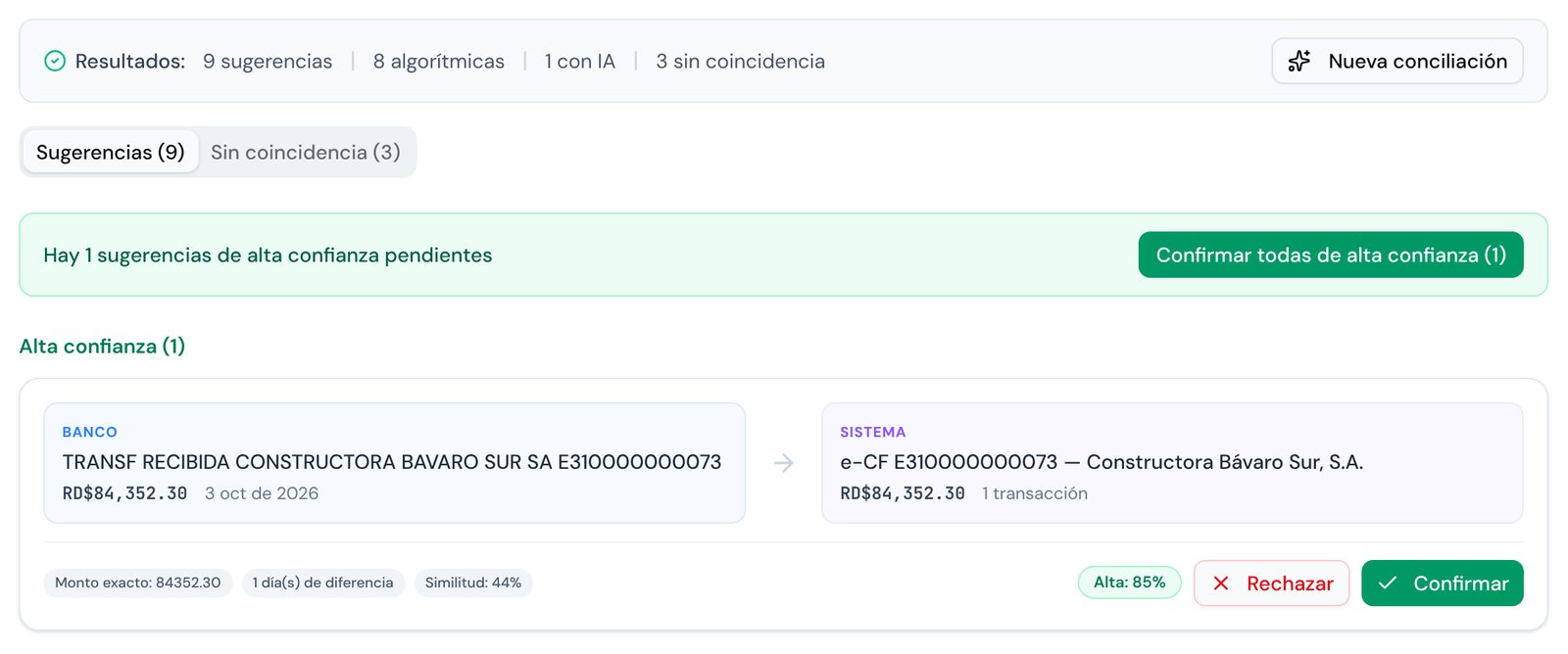 Conciliación bancaria con una sugerencia de alta confianza para confirmar o rechazar